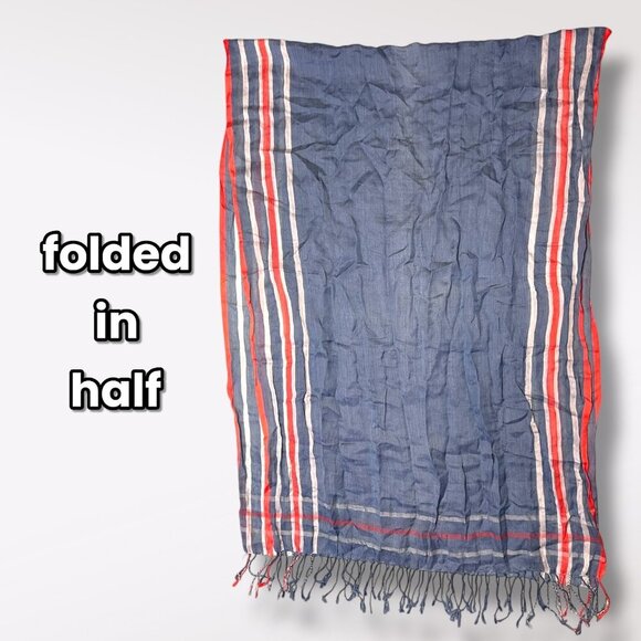 Vintage Blue Orange White Striped Fringe Scarf Rectangle Wrap Shawl - Picture 8 of 8